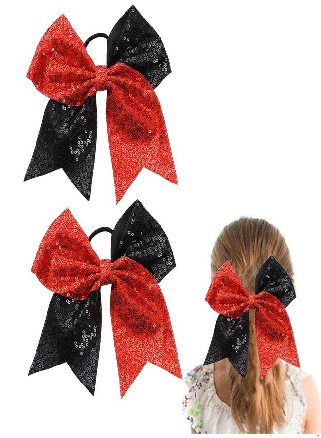 Hipcheer Large Sequin Glitter Cheer Hair Bows,Sparkly Bows Ponytail Holder Elastic Band for Cheerleading Teen Girls College Sports (Red Black) - Image 1